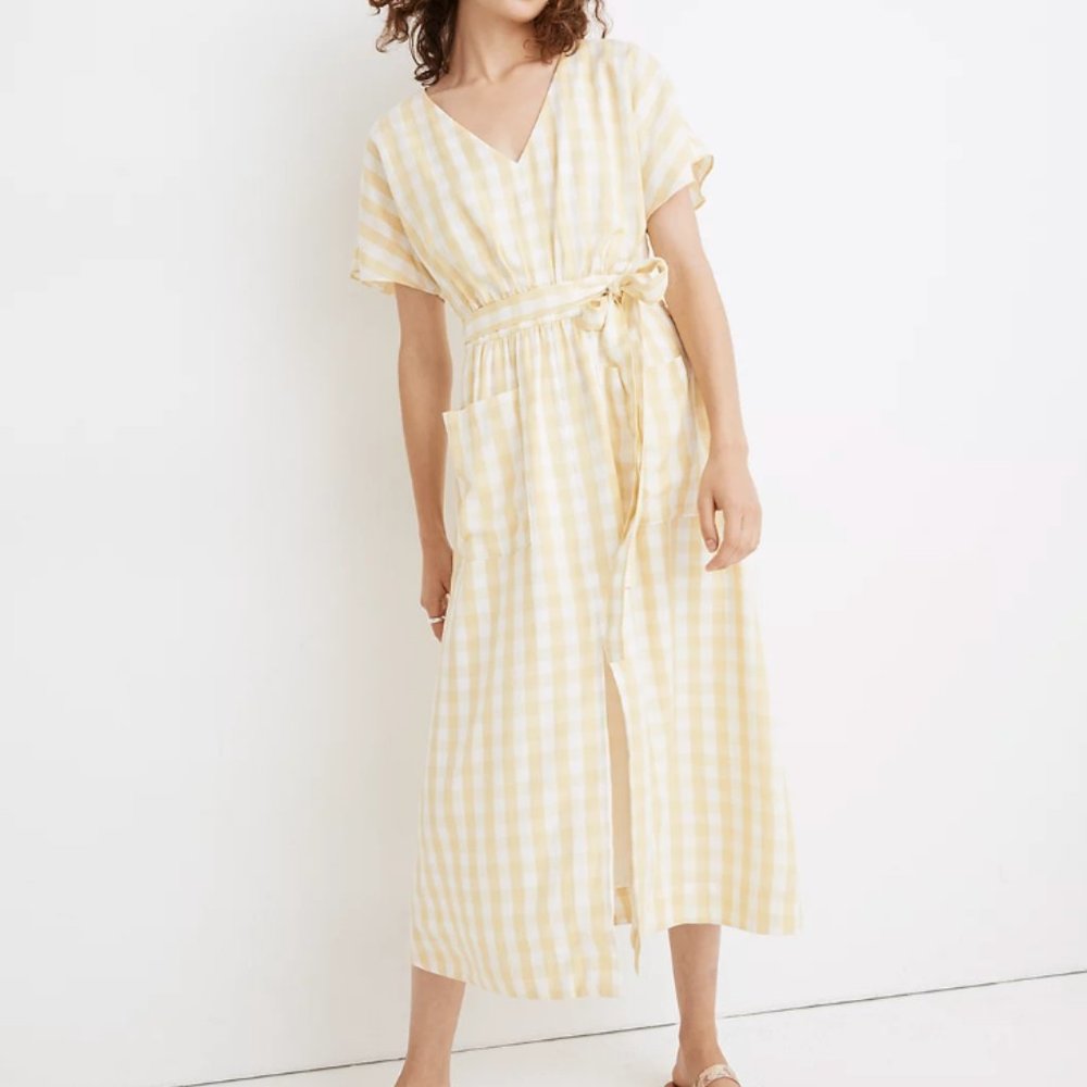 Madewell Dolman-Sleeve Tie-Waist Midi Dress in Gingham Check